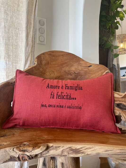 Coussin en Lin rectangulaire "Famiglia" brodé (terracotta)