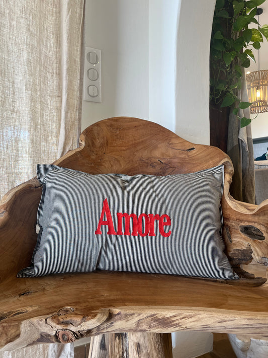 Coussin en Lin rectangulaire "Amore" brodé (rayé)