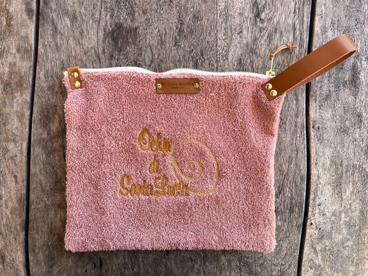 Pochette brodée « Ochju di Santa Lucia » rose poudré